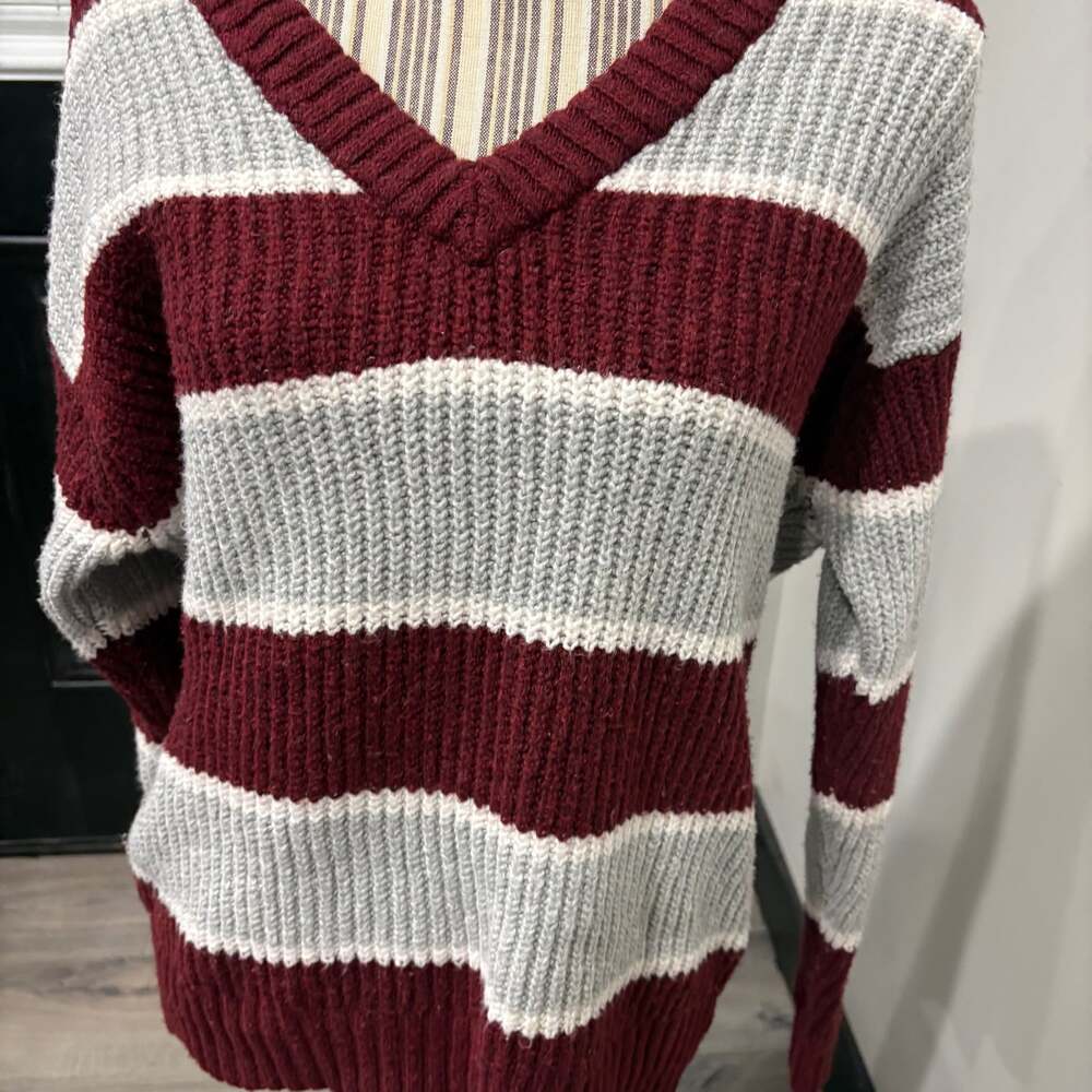 American Eagle Women's Oversized V-Neck Striped Knit Sweater - Burgundy and Gray
